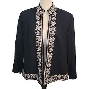 Jessica Howard Blazer 16 Petite Black Beige Linen Embroidered Jacket Boho Fall